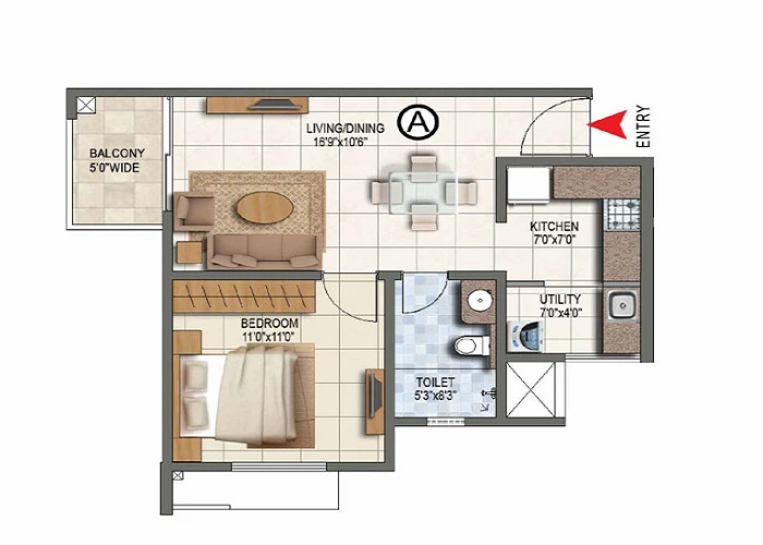 1 BHK apartment layout in Devanahalli – sample plan for reference Prestige Airport Road 1 BHK sample floor plan with living, bedroom, kitchen and balcony