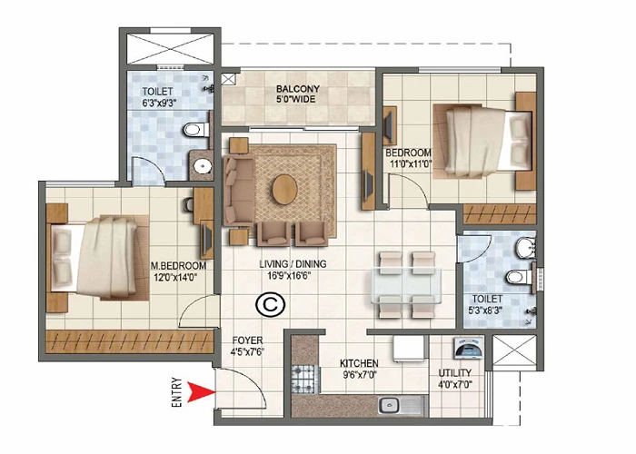 2 BHK flat layout in North Bangalore – sample plan for reference Prestige Airport Road 2 BHK sample floor plan with two bedrooms, two toilets and balcony