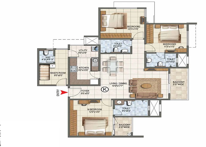 3 BHK apartment layout near Bangalore airport – sample plan for reference Prestige Airport Road 3 BHK sample floor plan with three bedrooms, maid’s room and two balconies