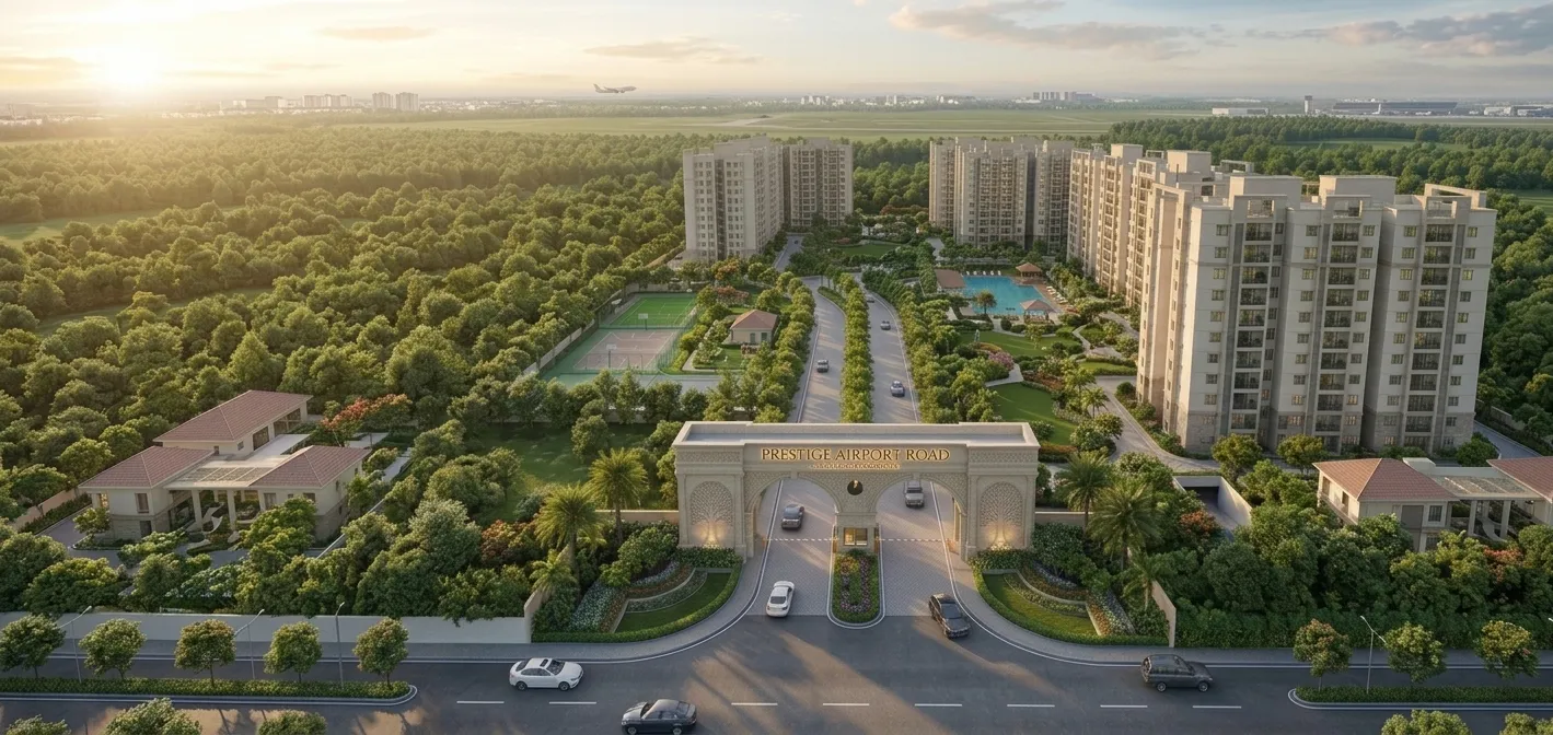 Prestige Airport Road Devanahalli – representative project image Prestige Airport Road aerial view of apartment towers and entrance gate in Devanahalli