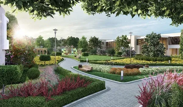 Prestige Airport Road lifestyle amenities – landscaped gardens Landscaped garden pathways with flower beds and seating