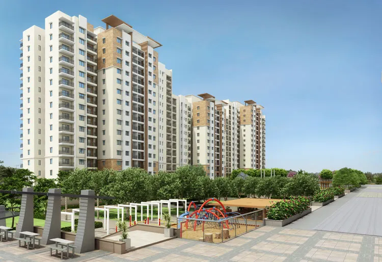 Prestige Airport Road price from ₹74 Lakhs onwards – representative image Prestige Airport Road apartment towers with a landscaped children’s play area