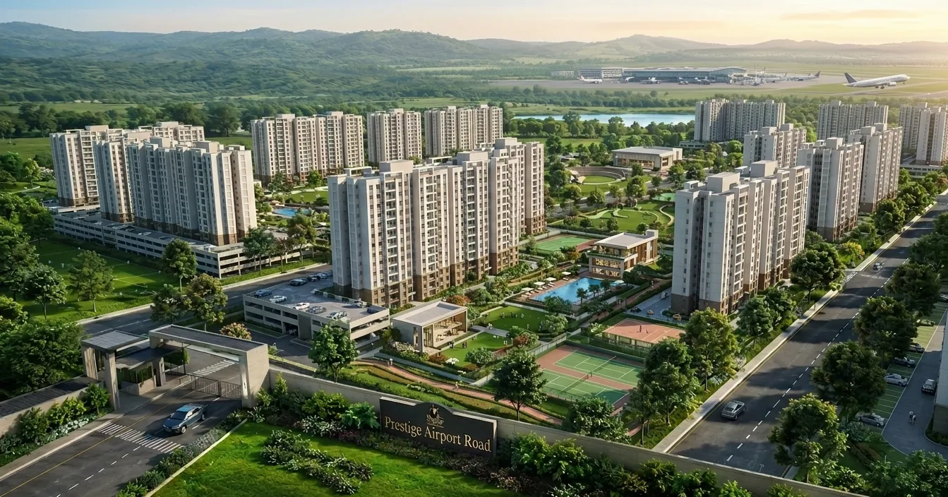 Prestige new launch near Bangalore airport – representative view Aerial view of Prestige Airport Road residential towers near Kempegowda International Airport
